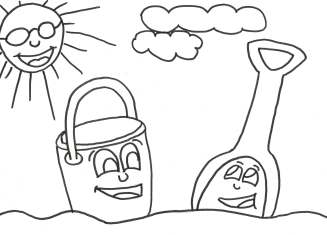 Beach with bucket & shovel coloring page